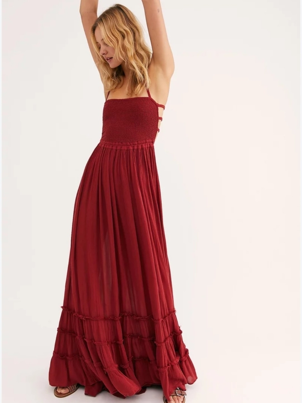 Zenana Outfitters Red Smocked Strap Maxi Dress